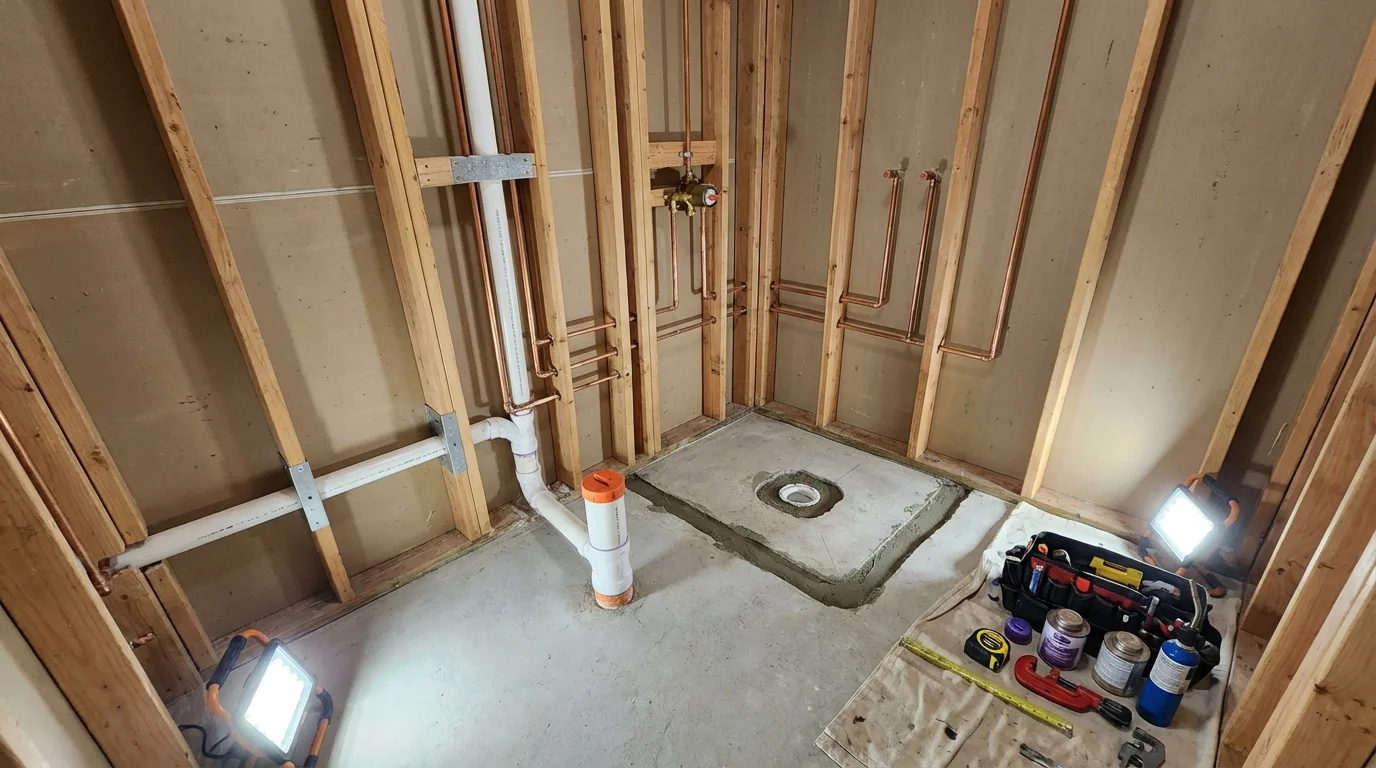 Bathroom rough-in plumbing during remodel by Johns Plumbing LLC in New Brunswick
