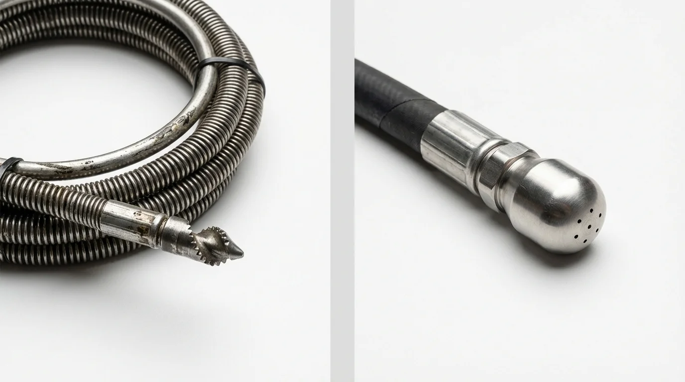 Drain snake cable and hydro jetting nozzle used for drain cleaning in New Brunswick, NJ