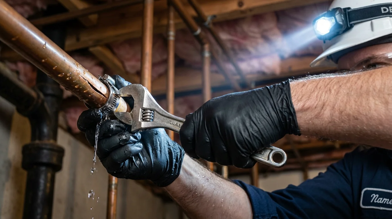 Emergency pipe clamp repair being performed by a Johns Plumbing LLC plumber in New Brunswick