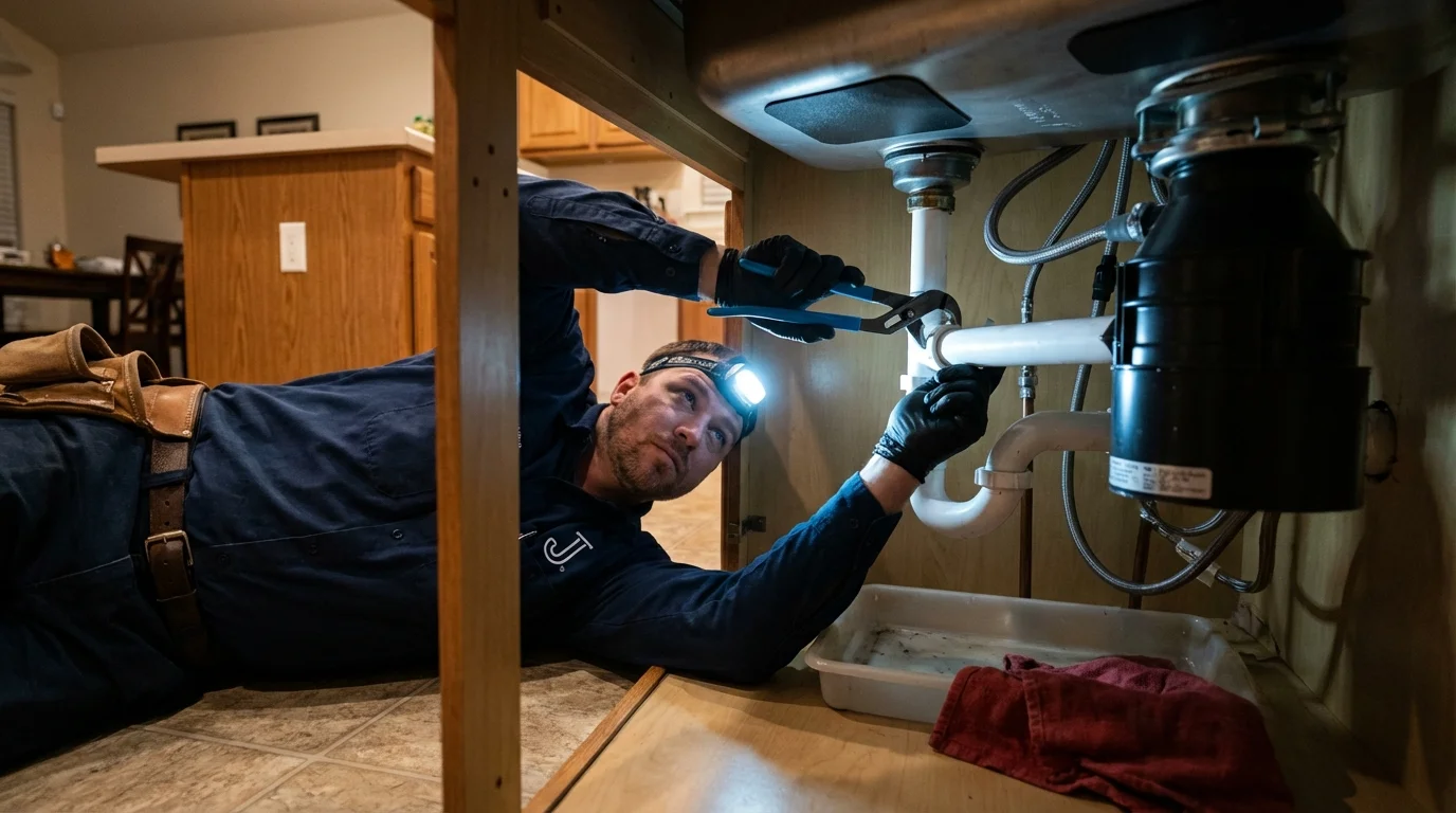P-trap and supply line connections under a kitchen sink showing a common leak point in New Brunswick, NJ